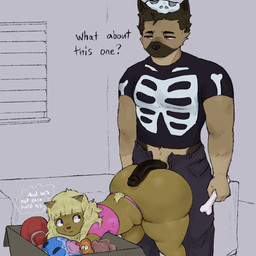 anthro backsack balls big_butt blue_eyes bottom_heavy bottomless bottomless_anthro bottomless_male box brown_body brown_fur butt cardboard cardboard_box circumcised clothed clothing collar container curvy_figure duo fake_dog_ears fake_ears femboy fur genitals hair half-erect huge_butt humanoid_genitalia humanoid_penis male mostly_nude penis penis_on_butt pink_clothing pink_shirt pink_topwear pointy_ears prick_ears shirt simple_background small_balls solo_focus tail tan_hair text thick_thighs thought_bubble topwear white_sclera wide_hips neeno neeno_(character) canid canine canis domestic_cat domestic_dog felid feline felis mammal 1:1 2025 colored digital_drawing_(artwork) digital_media_(artwork) english_text hi_res shaded female_(lore)