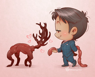 antlers blush butt chibi clothed clothing decapitation duo feral food hair headless heart_symbol horn male meat sausage simple_background suit zillabean hannibal_(series) antony_dimmond hannibal_lecter stag_(hannibal) deer human mammal monster digital_media_(artwork)