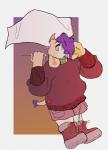 ambiguous_gender anthro arms_bent clothed clothing dual_holding ear_piercing electronics flag flag_(object) gradient_background hair holding_flag holding_object holding_walkie_talkie horn legs_together piercing purple_hair radio simple_background solo straight_legs walkie-talkie lenny_(artist) crater_(lenny) bovid caprine goat mammal 2018 absurd_res hi_res nonbinary_(lore)