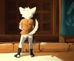 anthro bodily_fluids bottomless butt clothed clothing fur genital_fluids male peeing raised_tail solo spank_marks tail urine white_body white_fur wraps young young_anthro dakkawoof akkad_(dakkawoof) canid canine canis mammal wolf 2023 hi_res