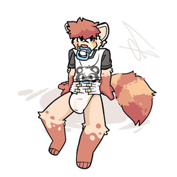 anthro clean_diaper clothing diaper hair pacifier print_clothing print_shirt print_t-shirt print_topwear red_hair shirt sitting t-shirt topwear wetness_indicator bewskyss ailurid mammal red_panda