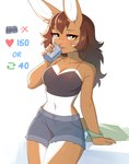 anthro beverage_can bottomwear brown_hair clothed clothing drinking female fur hair hand_on_hip midriff open_clothing open_topwear shorts simple_background solo tan_body tan_fur topwear white_background yellow_eyes fensu-san strip_meme twitter jessie_(fensu-san) lagomorph leporid mammal rabbit absurd_res hi_res