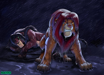 angry brown_body brown_fur dark_lighting detailed_background duo eyes_closed feral fur lying male paws raining sharp_teeth teeth waterdrops wet whiskers wide_stance noki001 disney the_lion_king kovu_(the_lion_king) simba_(the_lion_king) felid feline lion mammal pantherine hi_res