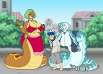 2017 anthro apode big_breasts blue_hair bottomwear breasts butt cleavage clothed clothing cobra collar curvy_figure draconcopode female green_hair group hair huge_breasts human humiliation hybrid jewelry kayla_(vdisco) leash legless loincloth male mammal midriff miss_hiss_(drxii) naga navel nipple_outline non-mammal_breasts outside petting pit_viper rattle_(anatomy) rattlesnake reptile scalie serpentine skimpy slave smile snake snake_hood steve_(vdisco) vdisco viper voluptuous wide_hips