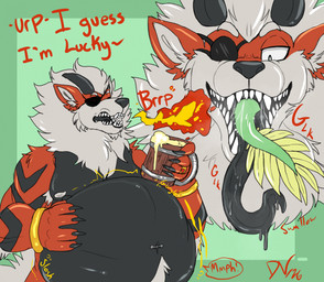 belly big_belly black_body black_fur bodily_fluids burping dialogue drooling eye_patch eyewear fur horn long_tongue male male_pred navel navel_piercing oral_vore piercing red_body red_fur rumbling_stomach saliva same_size_vore sharp_teeth tail teeth text tongue tongue_out vore white_body white_fur deviousvoxel nintendo pokemon arcanine generation_1_pokemon pokemon_(species) hi_res