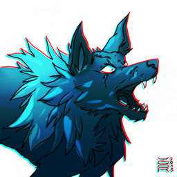 blue_body blue_ears blue_fur blue_inner_ear_fluff cheek_tuft chest_tuft facial_scar facial_tuft fangs feral fur inner_ear_fluff neck_tuft open_mouth scar simple_background simple_eyes solo teeth tongue tuft white_background yookie canid canine canis mammal wolf 2015 chromatic_aberration dated hi_res signature