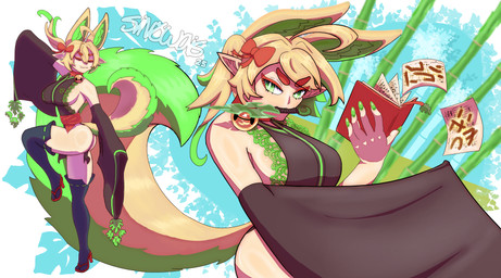ahoge asian_clothing bamboo bedroom_eyes bell bell_collar big_breasts blonde_hair book breasts chinese_clothing chinese_dress clothing collar curled_tail curvy_figure dagger dress east_asian_clothing eyes_closed facial_markings female footwear fur green_eyes hair head_markings knife lace leaf legwear markings melee_weapon narrowed_eyes ninja pointy_ears ponytail red_markings ribbons sandals seductive shoes solo tail thigh_highs warrior weapon wide_hips wide_sleeves yellow_body yellow_fur sin'twais animal_humanoid canid canid_humanoid canine canine_humanoid dog_humanoid humanoid mammal mammal_humanoid absurd_res hi_res