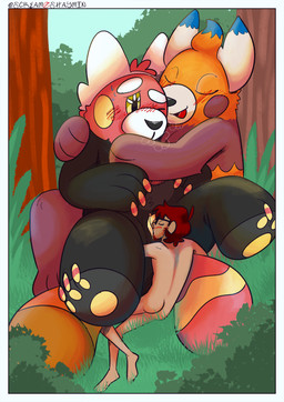 comforting_another cunnilingus female genitals group interspecies male male/female oral orange_body pokephilia red_body sex size_difference trio vaginal vulva yellow_eyes yellow_vulva screamoshaymin nintendo pokemon auria_jansson blake_rothenberg jain_the_bewear bewear generation_7_pokemon pokemon_(species) absurd_res hi_res signature trans_(lore) trans_man_(lore) trans_woman_(lore)