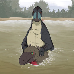 ambiguous_gender asphyxiation beak claws drowning duo feathers feral forest forest_background green_eyes hand_spike horizontal_pupils looking_at_viewer nature nature_background orange_eyes outside partially_submerged plant pupils scales size_difference spikes spikes_(anatomy) tree water gogomrdodo dinosaur dromaeosaurid feathered_dinosaur feathered_scalie hippodraco iguanodontid ornithischian ornithopod prehistoric_species reptile scalie theropod utahraptor 1:1 hi_res signature
