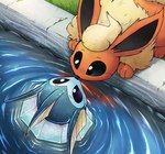 ambiguous_gender black_nose blue_body blue_head_fin daww detailed_background duo eye_contact eyebrows feral imminent_boop looking_at_another nose_to_nose outside partially_submerged water otakuap nintendo pokemon eeveelution flareon generation_1_pokemon pokemon_(species) vaporeon 2022 digital_media_(artwork) hi_res