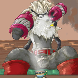 anthro bottomwear clothing container cup cybernetics eyes_closed female fur furniture grey_body grey_fur machine mask mechanical_arm pants sitting sofa solo table tea_cup zipper nnn8686 bandai_namco digimon digimon_beatbreak cyborg digimon_(species) wolvermon 1:1 hi_res