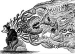 anthro bizarre bottomwear cast_shadow claws clothed clothing creepy detailed_ambient_creature detailed_fur eyes_closed fangs fantasy fully_clothed fur group hand_on_cheek male on_rock pants rock showing_teeth sitting sitting_on_rock surrealism tail teeth thinking toe_claws topwear nikraccoom canid canine canis mammal wolf detailed monochrome