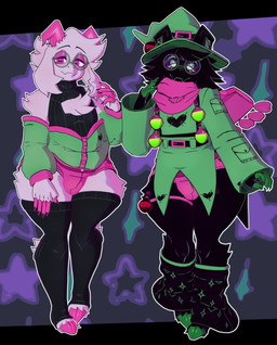 anthro black_body black_clothing black_fur black_horn black_legwear black_sweater black_thigh_highs black_topwear bottomwear bulge cleavage_cutout clothing coat cutout duo eyeshadow eyewear fangs femboy fur glasses green_clothing green_coat green_eyes green_hooves green_topwear hat headgear headwear hooves horizontal_pupils horn hotpants leg_warmers legwear looking_at_viewer makeup male pink_bottomwear pink_clothing pink_eyes pink_eyeshadow pink_hooves pink_horn pink_scarf pink_shorts potion_bottle pupils round_glasses scarf shorts skindentation smile smiling_at_viewer square_crossover sweater teeth thick_thighs thigh_highs toeless_thigh_highs topwear wearing_glasses white_body white_fur wide_hipped_anthro wide_hipped_male wide_hips witch_hat cryptiacurves cryptiacurves_(modeler) deltarune undertale_(series) ralsei bovid caprine darkner goat mammal 3d_(artwork) digital_media_(artwork) full-length_portrait hi_res portrait