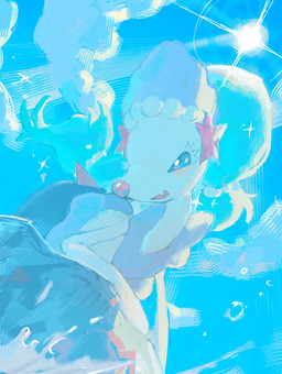 ambiguous_gender blue_eyes blue_hair cloud eyelashes fangs feral gem hair open_mouth pearl_(gem) rock sky solo sparkles split_form starfish_(accessory) sun teeth tongue white_body t2oc1vpose61236 nintendo pokemon aquatic asterozoan echinoderm generation_7_pokemon pokemon_(species) primarina starfish 2026 hi_res
