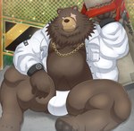 anthro belly big_belly brown_body bulge clothed clothing humanoid_hands kemono male open_clothing open_shirt open_topwear overweight overweight_male scar shirt sitting solo topwear underwear weapon nisikemo mihoyo zenless_zone_zero ben_bigger bear mammal 2022 absurd_res hi_res