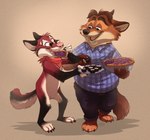 anthro bottomwear clothing dessert duo eating food humanoid_hands male overweight overweight_male pants pastry pie shirt simple_background sushi topwear greevixor disney zootopia gideon_grey canid canine fox mammal red_fox true_fox 2016