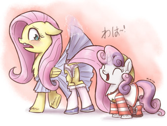 blue_clothing blue_dress blush bottomwear clothed clothed_feral clothing clothing_lift cosplay dress duo eyes_closed female feral fetlocks footwear fur glowing glowing_horn horn knee_highs knee_socks legwear mane multicolored_mane multicolored_tail open_mouth open_smile panties panty_shot pink_mane pink_tail purple_mane purple_tail shirt shoes simple_background skirt skirt_lift smile socks striped_sleeves tail telekinesis text topwear two_tone_mane two_tone_tail underwear upskirt white_body white_fur wings yellow_body yellow_fur king-kakapo friendship_is_magic hasbro my_little_pony mythology suigetsu fluttershy_(mlp) sweetie_belle_(mlp) waha yamato_suzuran equid equine mammal mythological_creature mythological_equine pegasus unicorn 2014 japanese_text