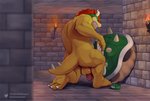 anthro balls bowser flaccid genitals hair half-erect hi_res hollow-dragon horn humanoid_genitalia humanoid_penis koopa looking_at_viewer male mario_bros muscular muscular_anthro muscular_male nintendo nude penis red_hair reptile scalie shell solo spiked_shell spikes spikes_(anatomy) summoned
