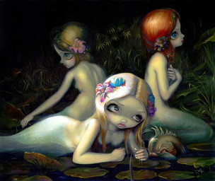 accessory blonde_hair bra_(anatomy) breasts eyebrows eyelashes female feral fin fish_tail flower flower_in_hair fur group hair hair_accessory legless lily_pad lips long_hair mermaid_tail not_furry nude orange_body orange_fur plant pupils scaled_breasts scales split_form jasmine_becket-griffith humanoid humanoid_merfolk mammal marine merfolk 2011 dated formal_art painting_(artwork) traditional_media_(artwork) traditional_painting_(artwork)