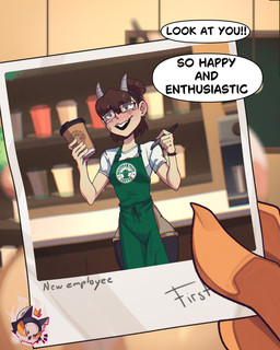 apron barista before_and_after before_transformation breasts brown_hair clothing coffee_cup coffee_shop container cup dialogue disembodied_hand duo eyewear fake_horns female female_focus glasses hair holding_photo human_focus photo rectangular_glasses shirt solo_focus text topwear wide_hips mr._deathcat human mammal 4:5 absurd_res chromatic_aberration english_text hi_res