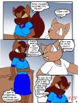 anthro brown_body brown_fur brown_hair canid canine canis clothing comic domestic_dog duo female fluffy fluffy_tail fur hair la_venta low_res male mammal open_mouth panties por_furryart spanish_text standing tail text translated underwear