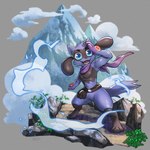 anthro blue_body blue_eyes blue_fur fur male mountain open_mouth open_smile purple_scarf rock scarf smile solo standing haychel nintendo pokemon generation_4_pokemon pokemon_(species) riolu 1:1 2023 hi_res