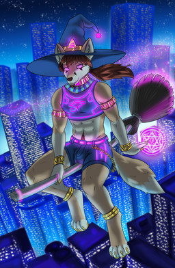 abs ankh anthro armband beard body_hair bottomwear bracelet broom bulge chain city city_background cityscape claws cleaning_tool clothing crop_top cyberpunk detailed_background egyptian eye_of_horus eye_of_ra facial_hair flying flying_broom fur glitter glowing glowing_eyes goatee gold_nails golden_pawpads hair happy_trail hat headgear headwear hotpants jewelry long_hair looking_at_viewer magic magic_circle magic_user male midriff multicolored_body multicolored_fur necklace neon night pawpads paws ponytail pubes pubes_exposed purple_eyes shirt shorts solo star tan_body tan_fur topwear trail two_tone_body two_tone_fur witch witch_hat howlfeiwolf osiris_(zanethwolfbane) canid canine canis fennec_fox fox mammal true_fox absurd_res detailed hi_res