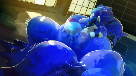 ambiguous_gender anthro blue_body blue_slime drain duo fur male motion_lines multicolored_body multicolored_fur restrained_by_goo size_difference slime sticky stuck window sexotheque canid canine fox goo_creature mammal mustelid otter 16:9 2026 digital_media_(artwork) hi_res widescreen