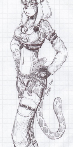 anthro arm_warmers armwear belt biped breasts clothed clothing collar cross cross_necklace ear_piercing ear_ring ear_tuft female fur gloves graph_paper half-closed_eyes hands_on_hips handwear inner_ear_fluff jewelry long_torso looking_at_viewer markings narrowed_eyes navel necklace piercing pose ring_piercing sassy shirt skimpy slim solo spots spotted_body spotted_fur spotted_markings standing tail tank_top topwear tuft coyotek geno_e._vefa_(coyotek) domestic_cat felid feline felis mammal hi_res