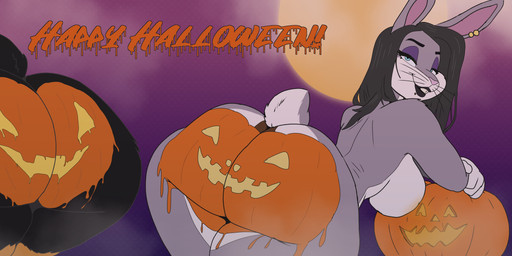 anthro big_breasts big_butt black_lipstick bodypaint breasts butt crossgender duo ear_piercing female food fruit holidays jack-o'-lantern lipstick makeup moon piercing plant presenting presenting_hindquarters pumpkin raised_tail short_tail tail blursedart halloween looney_tunes warner_brothers bugs_bunny daffy_duck anatid anseriform avian bird duck lagomorph leporid mammal rabbit absurd_res hi_res