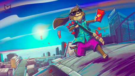 anthro biped clothed clothing detailed_background eyewear holding_object male outside sky smile solo sunglasses kiaun derideal canid canine canis domestic_dog mammal 16:9 2015 digital_drawing_(artwork) digital_media_(artwork) hi_res