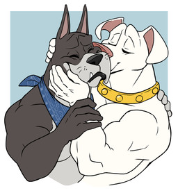 anthro bicolored_fur black_body black_fur black_lips black_nose blue_background blue_kerchief collar collar_only duo floppy_ears folded_ears fur gold_(metal) gold_collar grabbing_head holding_back holding_cheek kerchief kissing lips male metal_collar muscular muscular_anthro muscular_arms muscular_male no_shading nude pecs pink_nose pointy_ears shirtless simple_background thick_neck whiskers white_body white_fur wrist_grab zurdomon dc_comics dc_league_of_super-pets warner_brothers ace_the_bat-hound krypto bird_dog boxer_(dog) bulldog canid canine canis domestic_dog hunting_dog labrador mammal mastiff molosser retriever 2025