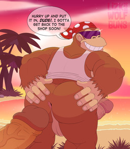 anal_request anthro anus balls beach big_butt big_penis bottomless butt clothed clothing dialogue duo erection eyewear genitals hand_on_butt huge_penis humanoid_genitalia humanoid_penis kerchief looking_back male palm_tree penis plant presenting presenting_anus presenting_hindquarters shirt smile solo_focus speech_bubble sunglasses tank_top teeth text topwear tree wolfbuns donkey_kong_(series) nintendo funky_kong kong mammal primate absurd_res better_version_at_paywall digital_media_(artwork) english_text hi_res