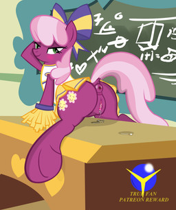 accessory anatomically_correct anatomically_correct_genitalia anatomically_correct_vulva animal_genitalia animal_vulva anus bedroom_eyes blush bodily_fluids bottomless bottomwear bow_(feature) bow_accessory bow_ribbon butt centered_hair_bow chalkboard cheerleader classroom clitoris clothed clothing desk dock_(anatomy) dripping equine_genitalia equine_vulva eyelashes female feral furniture genital_fluids genitals green_eyes hair hair_accessory hair_bow hair_ribbon half-closed_eyes hand_behind_head hooves information_board inside looking_at_viewer looking_back lying narrowed_eyes on_desk on_front on_model pink_hair pom_poms pose presenting presenting_hindquarters presenting_vulva puffy_anus ribbons school seductive skirt solo table tail text vaginal_fluids vulva succubi_samus friendship_is_magic hasbro my_little_pony cheerilee_(mlp) earth_pony equid equine horse mammal pony 2017 english_text hi_res