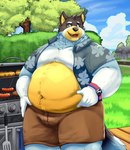 aloha_shirt anthro belly bottomwear building clock clothed clothing cloud cooking corn day detailed_background eyebrows food fur furniture grass grill grilling hamburger_patty hot_dog house looking_at_viewer love_handles male meat moobs navel open_clothing open_mouth open_shirt open_smile open_topwear outside overweight overweight_anthro overweight_male pattern_clothing pattern_shirt pattern_topwear plant road shirt shorts shrub sky smile solo spatula standing table teeth thick_thighs tongue tools topwear tree tuft watch iavan bluey_(series) bandit_heeler australian_cattle_dog canid canine canis cattledog domestic_dog herding_dog mammal pastoral_dog 2023 absurd_res hi_res