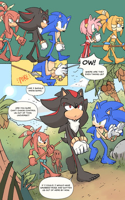 5_toes anthro armlet arms_tied barefoot blue_body blue_fur bottomwear bound chest_tuft clothed clothed/nude clothing coconut dialogue drupe_(fruit) feet female fluffy fluffy_chest food forest fruit fur gloves green_eyes grey_eyes group handwear loincloth male markings melee_weapon nude orange_body orange_fur palm_tree pink_body pink_fur plant plantigrade poking_butt polearm quills_(anatomy) red_body red_eyes red_fur red_stripes spear speech_bubble stripes tan_arms tan_mouth tan_torso text toes tree tribal tribal_clothing tribal_markings tribal_paint tuft village weapon wrappings arantarisu_yamu sega sonic_adventure sonic_the_hedgehog_(series) amy_rose shadow_the_hedgehog sonic_the_hedgehog tikal_the_echidna echidna eulipotyphlan hedgehog mammal monotreme 5:8 comic english_text hi_res
