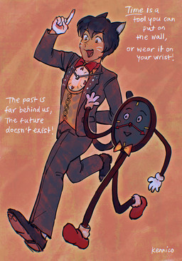 4_fingers 5_fingers ambiguous_gender black_body black_clothing black_footwear black_fur black_hair black_jacket black_shoes black_topwear blush bow_tie clothed clothing dialogue duo fingers footwear fur gesture gloves grey_inner_ear hair hand_behind_back hand_gesture handwear jacket male open_clothing open_jacket open_mouth open_topwear orange_background pawpad_gloves pointing pointing_up raised_hand red_bow_tie red_clothing red_footwear red_shoes shirt shoes simple_background smile tan_body tan_skin text topwear walking whiskers white_clothing white_gloves white_handwear yellow_bow_tie yellow_clothing yellow_shirt yellow_topwear kennico date_everything don't_hug_me_i'm_scared timothy_timepiece tony_the_talking_clock animate_inanimate humanoid living_clock crossover english_text hi_res