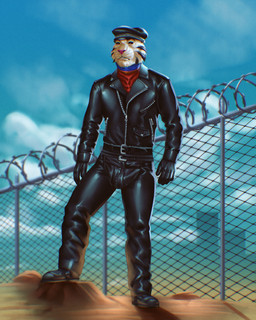 anthro belt black_body black_fur black_stripes blue_kerchief boots bottomwear bulge chain-link_fence chaps clothing day eyebrows fence footwear fur gloves handwear hat headgear headwear jacket kerchief leather leather_bottomwear leather_chaps leather_clothing leather_gloves leather_handwear leather_hat leather_headgear leather_headwear leather_jacket leather_pants leather_topwear light looking_forward male outside pants pink_nose purple_eyes razor_wire red_kerchief shoes sky solo standing stripes sunlight topwear white_body white_fur guyinvintageclothes vaurien felid mammal pantherine tiger full-length_portrait hi_res portrait