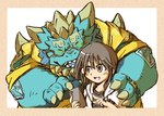 anthro brown_hair cellphone claws duo electronics fangs female hair horn male male/female phone size_difference smartphone smile teal_body teal_scales teeth okudami lifewonders mythology tokyo_afterschool_summoners cipactli_(tas) female_protagonist_(tas) protagonist_(tas) dragon human mammal mythological_creature mythological_scalie scalie