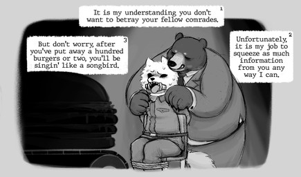 anthro arms_tied belt belt_buckle bodily_fluids bound breath buckle burger claws clothed clothing conveyor_belt dialogue duo food force_feeding forced fur gag hand_on_shoulder imminent_feeding intimidation legs_tied male male/male military_uniform mouth_held_open necktie open_mouth ring_gag russian scared shirt_pocket size_difference soviet_union suit sweat tail text tied_to_chair tongue tongue_out uniform zlut385 arctic_fox bear black_bear canid canine fox mammal true_fox ursine digital_drawing_(artwork) digital_media_(artwork) english_text greyscale monochrome