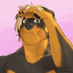 anthro blonde_hair hair looking_at_viewer male muscular muscular_male raised_arm smile solo amarox chester_(amarox) canid canine canis domestic_dog mammal mastiff molosser rottweiler 1:1 absurd_res bust_portrait digital_drawing_(artwork) digital_media_(artwork) hi_res portrait