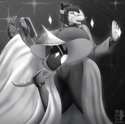 abstract_background anthro big_breasts book breasts cloak clothed clothing cosplay duo eyewear female fully_clothed glasses hat headgear headwear huge_breasts jewelry knife machine magic magic_book magic_user male standing thick_thighs wide_hips witch_hat sovulsen in_stars_and_time mythology lillian_(sovulsen) odile_(in_stars_and_time) siffrin_(in_stars_and_time) dragon mythological_creature mythological_scalie robot scalie absurd_res hi_res monochrome
