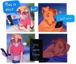 4_panel_comic anthro beverage blonde_hair border boyfriends brown_body brown_fur canid canine canis cellphone chin_tuft clothing crop_top domestic_dog duo ears_down electronics english_text eyes_closed eyewear facial_tuft femboy fur glasses hair half-closed_eyes heart_symbol heresvix lagomorph leporid lying male mammal narrowed_eyes on_front phone pivoted_ears rabbit shirt sleeping smartphone smile tea text tinted_glasses topwear tuft white_body white_border white_fur