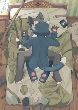 5_fingers 5_toes annoyed anthro anthro_on_anthro anus barely_visible_anus bed bedding bedside_table belt bent_legs black_eyebrows blue_body blue_fur blue_inner_ear blush bodily_fluids boots bottle bottomwear brown_boots brown_clothing brown_footwear brown_shoes butt cheek_tuft clothing container countershade_butt countershade_face countershade_fur countershade_torso countershading curling_toes dipstick_ears dipstick_tail discarded_clothing duo ear_markings ear_piercing embarrassed eyebrows faceless_anthro faceless_character faceless_male facial_tuft fangs feet fingerpads fingers fist floor footwear fur furniture furniture_lamp green_bottomwear green_clothing green_hat green_headwear green_jacket green_pants green_topwear grey_body grey_fur grey_markings grey_stripes gun hat headgear headwear high-angle_view hindpaw humanoid_feet humanoid_hands inside jacket kneeling kneeling_on_bed lamp lying lying_on_bed male male/male male_anthro markings military military_cap military_uniform multicolored_body multicolored_ears multicolored_fur nude nude_anthro nude_male obscured_sex on_back on_bed open_mouth pants pawpads paws piercing pillow pink_anus pink_nose pink_pawpads plantigrade plantigrade_pawpads pointy_ears prick_ears pupils questionable_consent ranged_weapon restrained_arms rifle ring_(marking) ringed_tail sex shirt shoes socks spread_legs spreading striped_markings striped_tail stripes sweat sweatdrop tail tail_markings teeth toeless_(marking) toes topwear tuft two_tone_body two_tone_fur uniform wall_(structure) wallpaper_(decoration) weapon white_body white_clothing white_countershading white_ear_tips white_fingers white_footwear white_fur white_markings white_sclera white_shirt white_socks white_stripes white_tail_tip white_toes white_topwear wood wood_floor wrist_grab yellow_eyes torasansousaku_(artist) domestic_cat felid feline felis mammal 2025 absurd_res hi_res