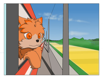 ambiguous_gender anthro blue_sky fur inside_train mountain orange_body orange_eyes orange_fur sky solo train vehicle kyshan_(artist) hi_res
