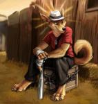 2013 3_toes anthro barefoot black_nose bottomwear canid canine claws clothed clothing digital_media_(artwork) feet full-length_portrait fully_clothed fur halo hat headgear headwear kenket male mammal pants portrait sitting solo team_fortress_2 toe_claws toes traditional_halo valve