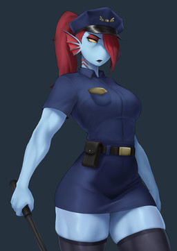 belt blue_body bottomwear breasts clothing eyebrows eyelashes female fingers glistening glistening_thighs hair hair_over_eye legwear police police_belt police_hat police_uniform ponytail red_hair skirt solo squish thick_thighs thigh_highs thigh_squish uniform utility_belt yellow_eyes meruzis undertale_(series) undyne animal_humanoid fish fish_humanoid humanoid marine marine_humanoid 2025 absurd_res digital_media_(artwork) hi_res