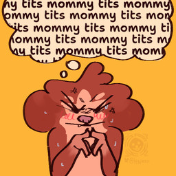 ambiguous_gender anthro biped blush bodily_fluids brown_body brown_fur cross-popping_vein cute_fangs dialogue eyebrows eyes_closed fangs front_view fur hair mommy_kink nude_anthro orange_background pink_nose shitpost simple_background solo speech_bubble sweat teeth bigjazz pupbea canid canine canis domestic_dog mammal 1:1 meme reaction_image