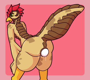 anus beak bird_legs bodily_fluids brown_body brown_scales dark_sclera egg egg_in_vagina feathers female genital_fluids genitals hair holding_leg holding_own_leg horn_ears looking_back non-mammal_vulva open_beak open_mouth oviposition pale_skin rear_view red_hair scales solo tail thick_tail vaginal_fluids vulva yellow_eyes ikakins cerycari ichlamo absurd_res hi_res maleherm_(lore)