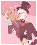 anthro beak biped black_nose blush border bow_tie clothed clothing duo eyebrows eyewear feathers glasses gloves handwear hat headgear headwear heart_symbol holding_partner male male/male simple_background small_glasses smile tan_body top_hat white_body white_border white_feathers some-dumb-lesbian-bitch disney ducktales ducktales_(2017) duckworth scrooge_mcduck anatid anseriform avian bird canid canine canis domestic_dog duck mammal 2020 hi_res